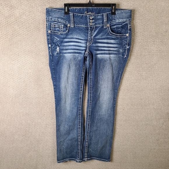 Amethyst Jeans Women 16 Blue Bootcut Low Rise Dark Wash Rhinestone Denim Stretch - Picture 1 of 13